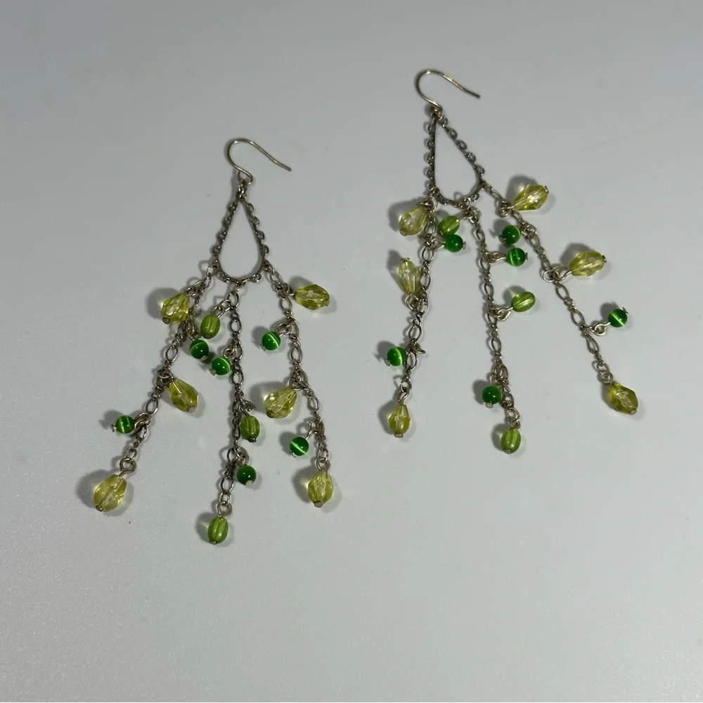 Green Beaded Silver Tone Chandelier Dangle Earrings Multi Chain Boho Fairy Gypsy